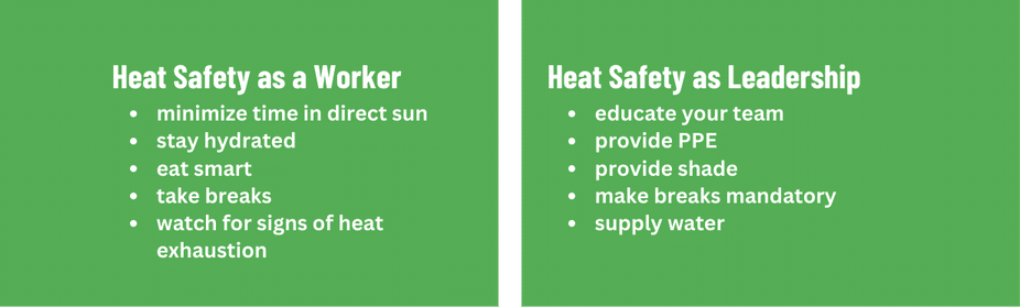 Chart listing tips for avoiding heat stroke on the job site for both the worker and leadership.